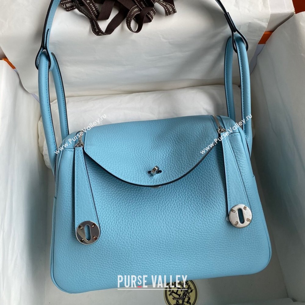 Hermes Lindy 26/30 Bag in Original Taurillon Clemence Leather Macaron Blue/Silver 2024(Full Handmade) (XYA-24051501)