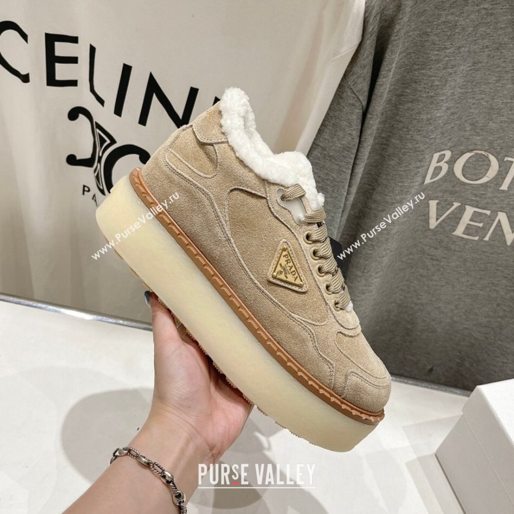 Prada Suede Mid-top Sneakers with Shearling Lining 1T725N Beige 2024 (MD-24101413)