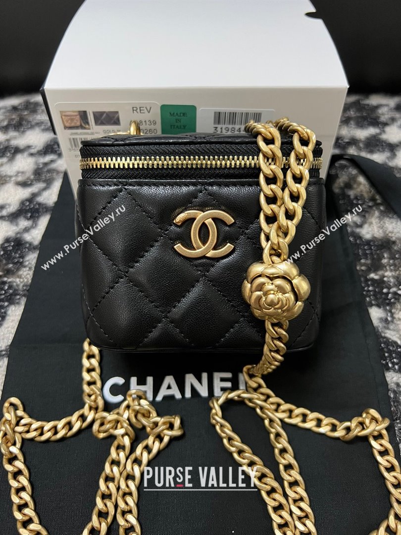 Chanel Lambskin Mini Vanity Case with Camellia Chain Black 2024 (YEZI-24032215)