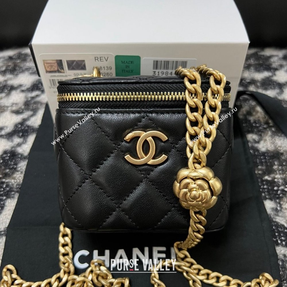 Chanel Lambskin Mini Vanity Case with Camellia Chain Black 2024 (YEZI-24032215)