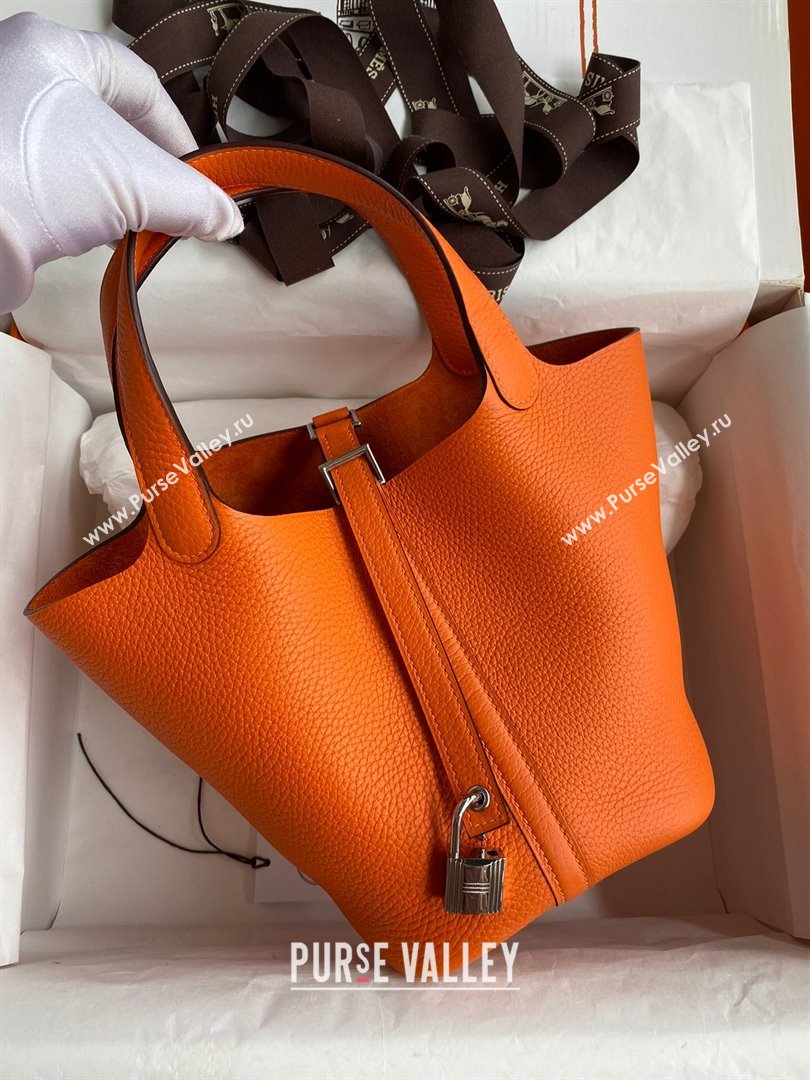 Hermes Picotin Lock Bag 18cm/22cm in Taurillon Clemence Leather Orange/Silver 2023 (Handmade) (M-23110725)