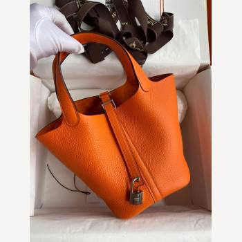 Hermes Picotin Lock Bag 18cm/22cm in Taurillon Clemence Leather Orange/Silver 2023 (Handmade) (M-23110725)