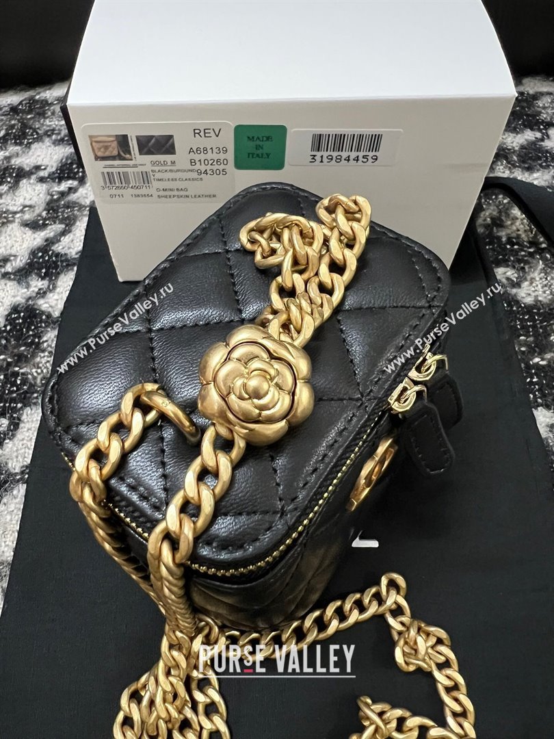 Chanel Lambskin Mini Vanity Case with Camellia Chain Black 2024 (YEZI-24032215)