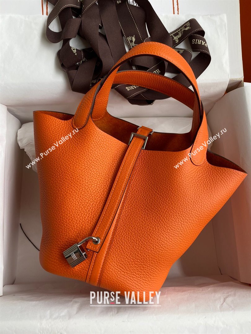 Hermes Picotin Lock Bag 18cm/22cm in Taurillon Clemence Leather Orange/Silver 2023 (Handmade) (M-23110725)