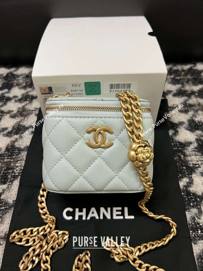 Chanel Lambskin Mini Vanity Case with Camellia Chain Light Blue 2024 (YEZI-24032216)