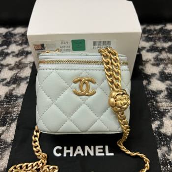 Chanel Lambskin Mini Vanity Case with Camellia Chain Light Blue 2024 (YEZI-24032216)