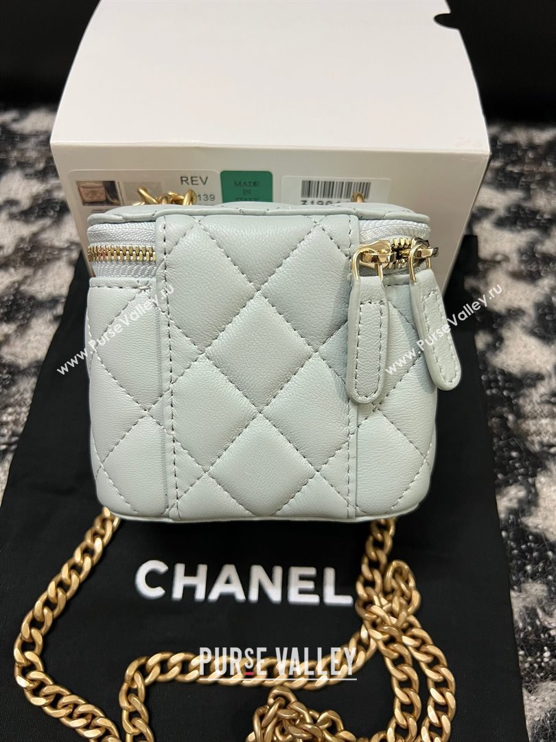 Chanel Lambskin Mini Vanity Case with Camellia Chain Light Blue 2024 (YEZI-24032216)