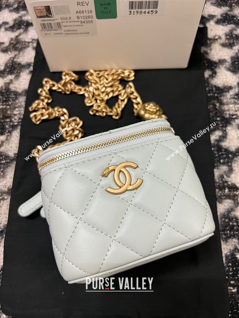 Chanel Lambskin Mini Vanity Case with Camellia Chain Light Blue 2024 (YEZI-24032216)