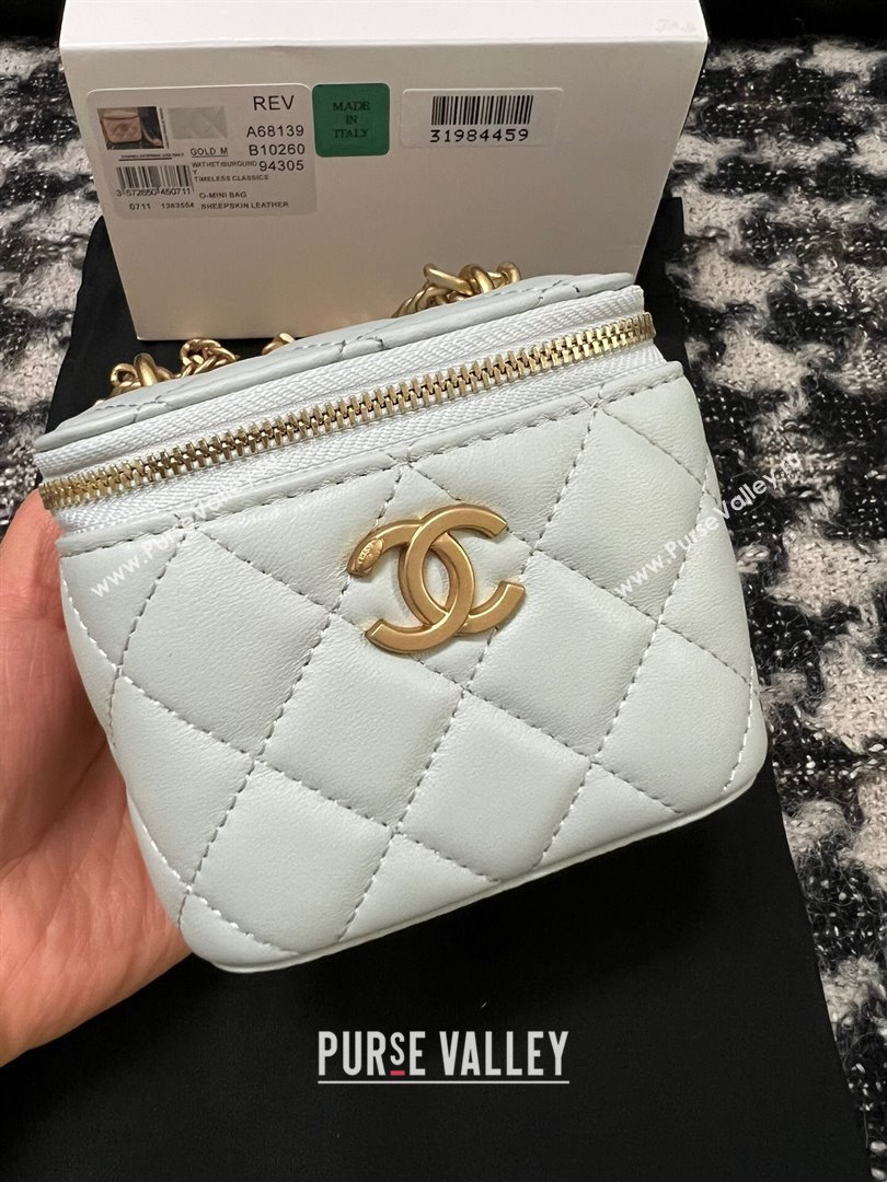 Chanel Lambskin Mini Vanity Case with Camellia Chain Light Blue 2024 (YEZI-24032216)