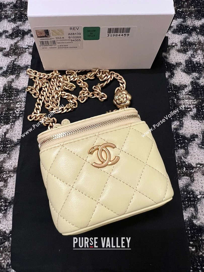 Chanel Lambskin Mini Vanity Case with Camellia Chain Yellow 2024 (YEZI-24032217)