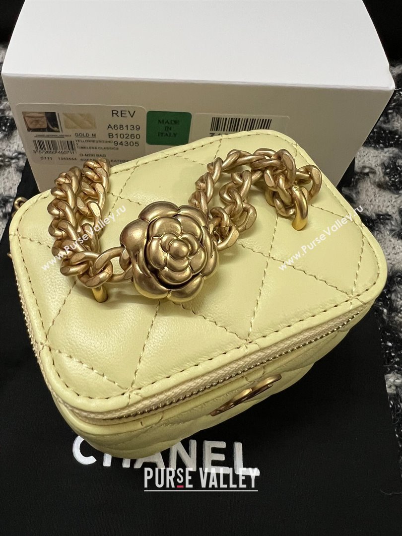 Chanel Lambskin Mini Vanity Case with Camellia Chain Yellow 2024 (YEZI-24032217)