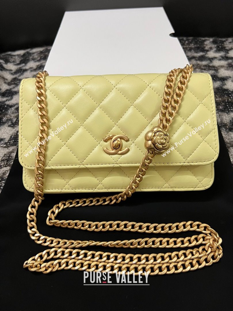 Chanel Quilted Lambskin Wallet on Chain WOC with Camellia Chain Yellow 2024 (YEZI-24032218)