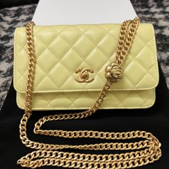 Chanel Quilted Lambskin Wallet on Chain WOC with Camellia Chain Yellow 2024 (YEZI-24032218)