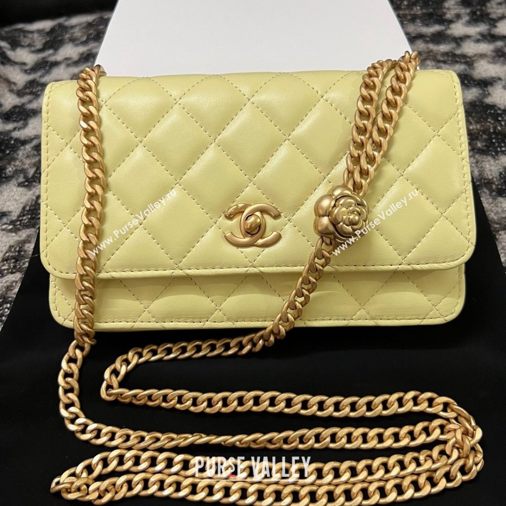 Chanel Quilted Lambskin Wallet on Chain WOC with Camellia Chain Yellow 2024 (YEZI-24032218)