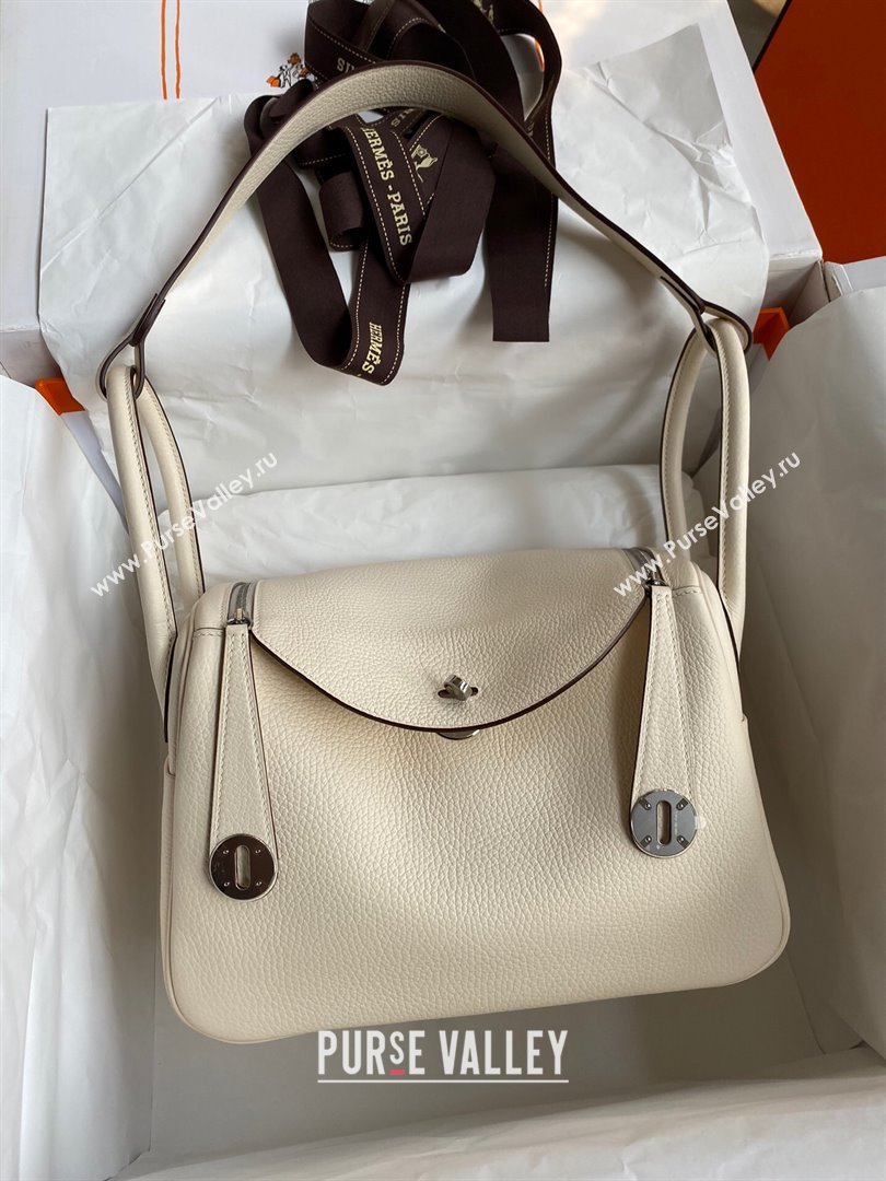 Hermes Lindy 26/30 Bag in Original Taurillon Clemence Leather Cream White/Silver 2024(Full Handmade) (XYA-24051520)