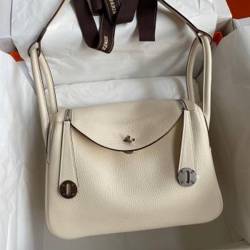 Hermes Lindy 26/30 Bag in Original Taurillon Clemence Leather Cream White/Silver 2024(Full Handmade) (XYA-24051520)