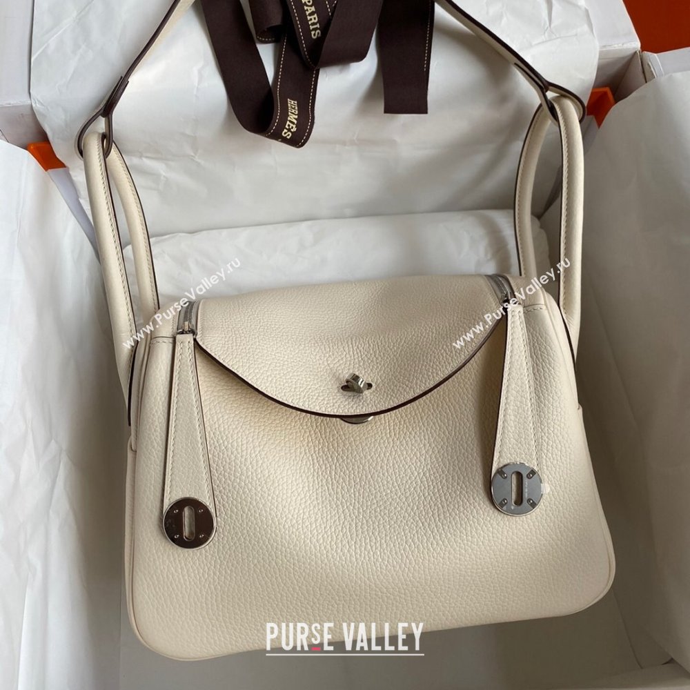 Hermes Lindy 26/30 Bag in Original Taurillon Clemence Leather Cream White/Silver 2024(Full Handmade) (XYA-24051520)