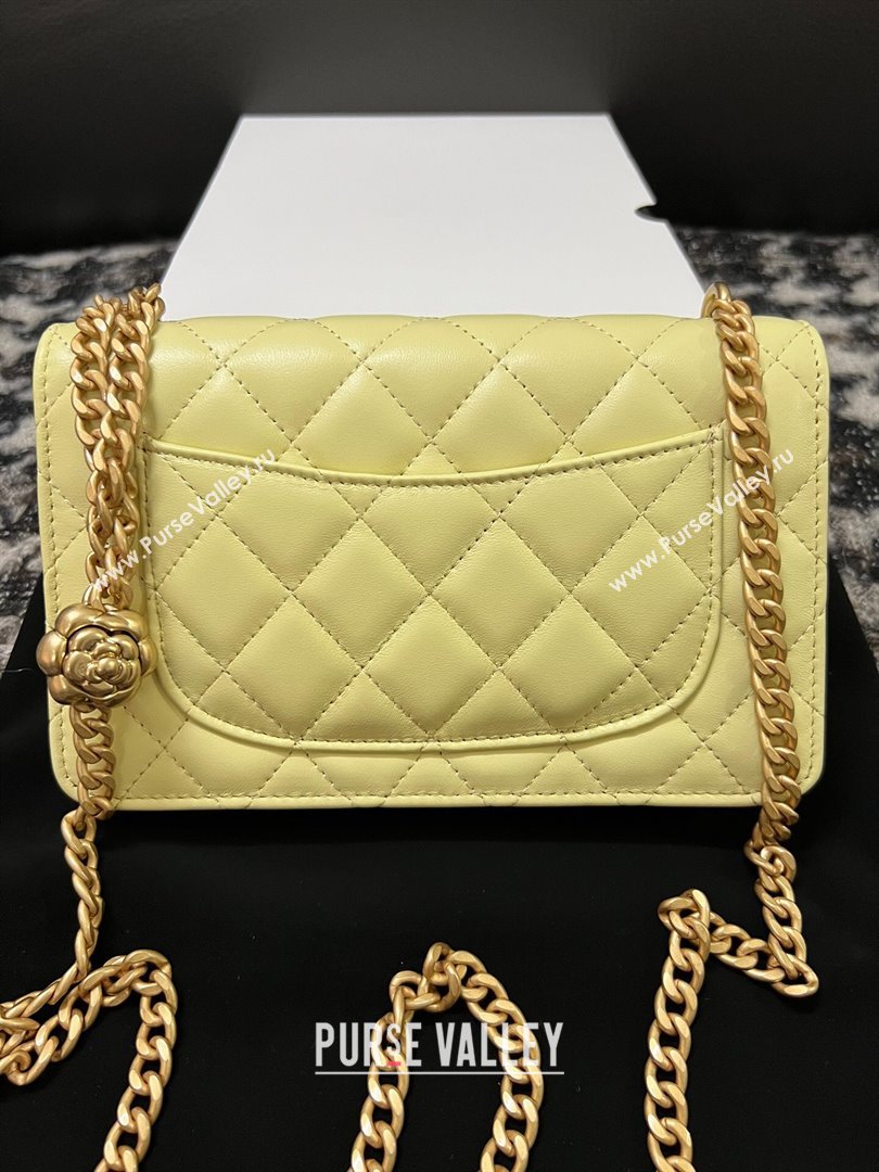 Chanel Quilted Lambskin Wallet on Chain WOC with Camellia Chain Yellow 2024 (YEZI-24032218)