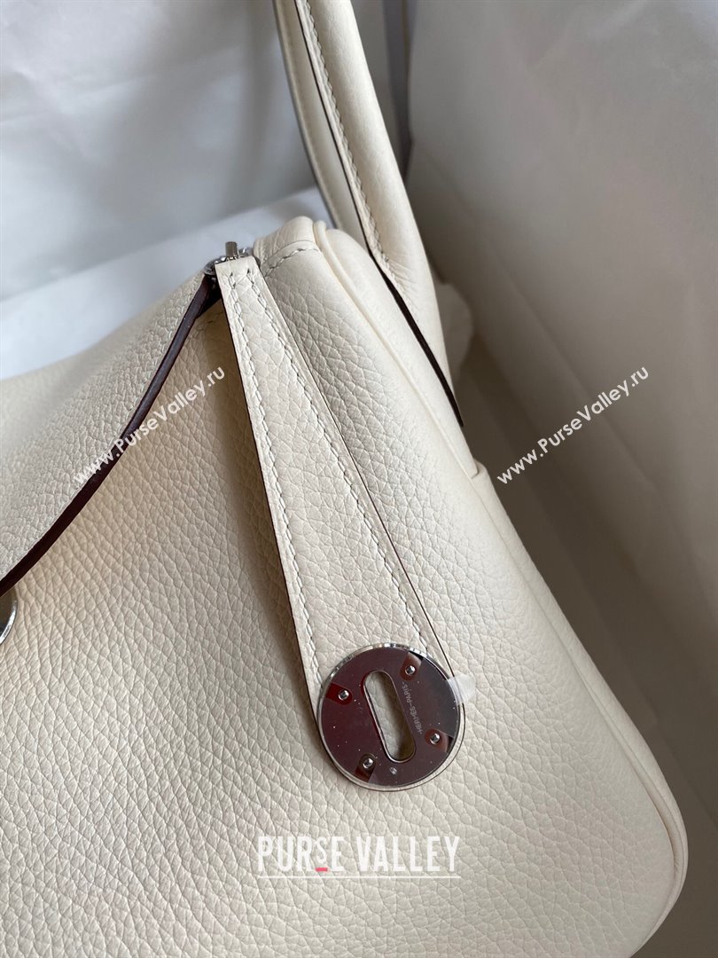 Hermes Lindy 26/30 Bag in Original Taurillon Clemence Leather Cream White/Silver 2024(Full Handmade) (XYA-24051520)