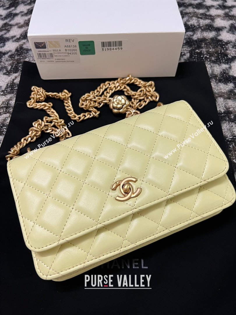 Chanel Quilted Lambskin Wallet on Chain WOC with Camellia Chain Yellow 2024 (YEZI-24032218)