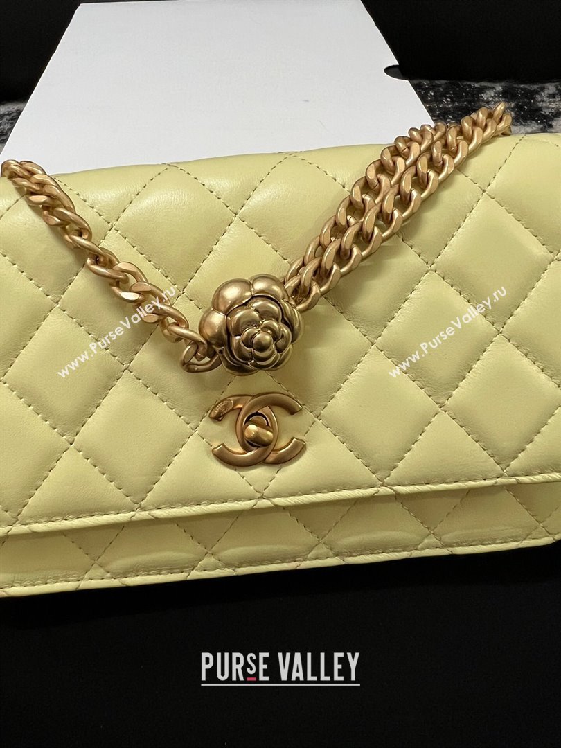 Chanel Quilted Lambskin Wallet on Chain WOC with Camellia Chain Yellow 2024 (YEZI-24032218)