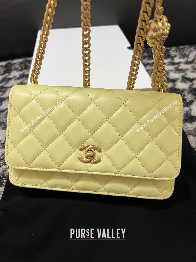 Chanel Quilted Lambskin Wallet on Chain WOC with Camellia Chain Yellow 2024 (YEZI-24032218)