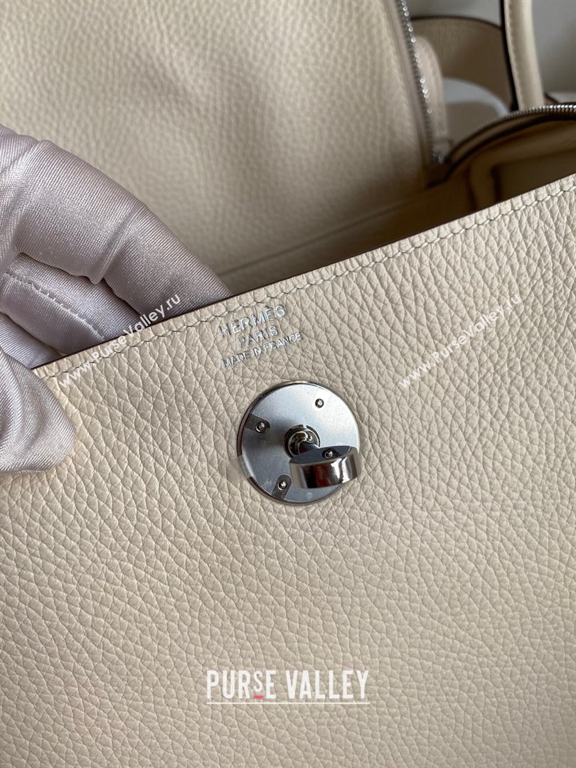 Hermes Lindy 26/30 Bag in Original Taurillon Clemence Leather Cream White/Silver 2024(Full Handmade) (XYA-24051520)