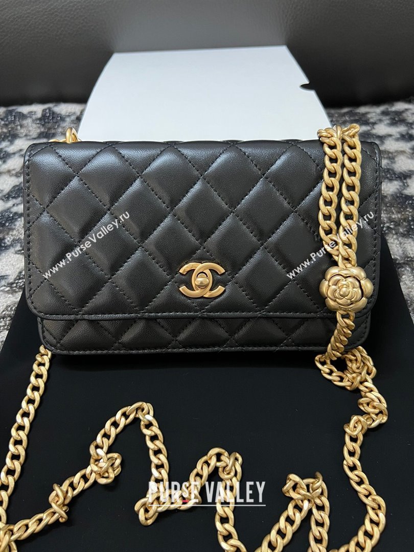 Chanel Quilted Lambskin Wallet on Chain WOC with Camellia Chain Black 2024 (YEZI-24032219)