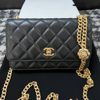 Chanel Quilted Lambskin Wallet on Chain WOC with Camellia Chain Black 2024 (YEZI-24032219)