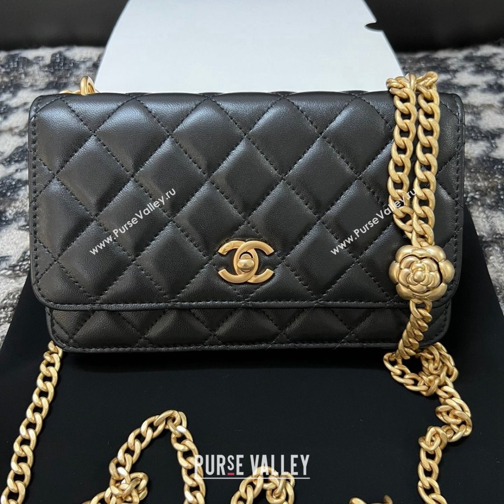 Chanel Quilted Lambskin Wallet on Chain WOC with Camellia Chain Black 2024 (YEZI-24032219)