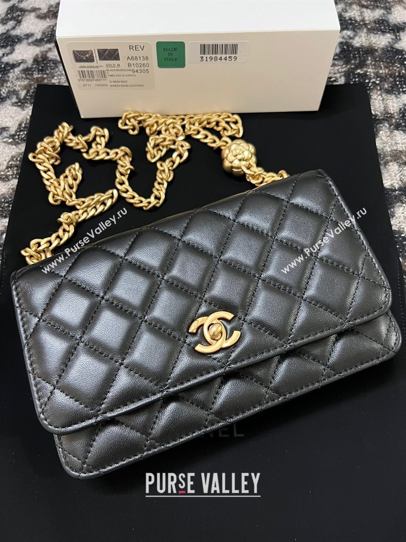 Chanel Quilted Lambskin Wallet on Chain WOC with Camellia Chain Black 2024 (YEZI-24032219)