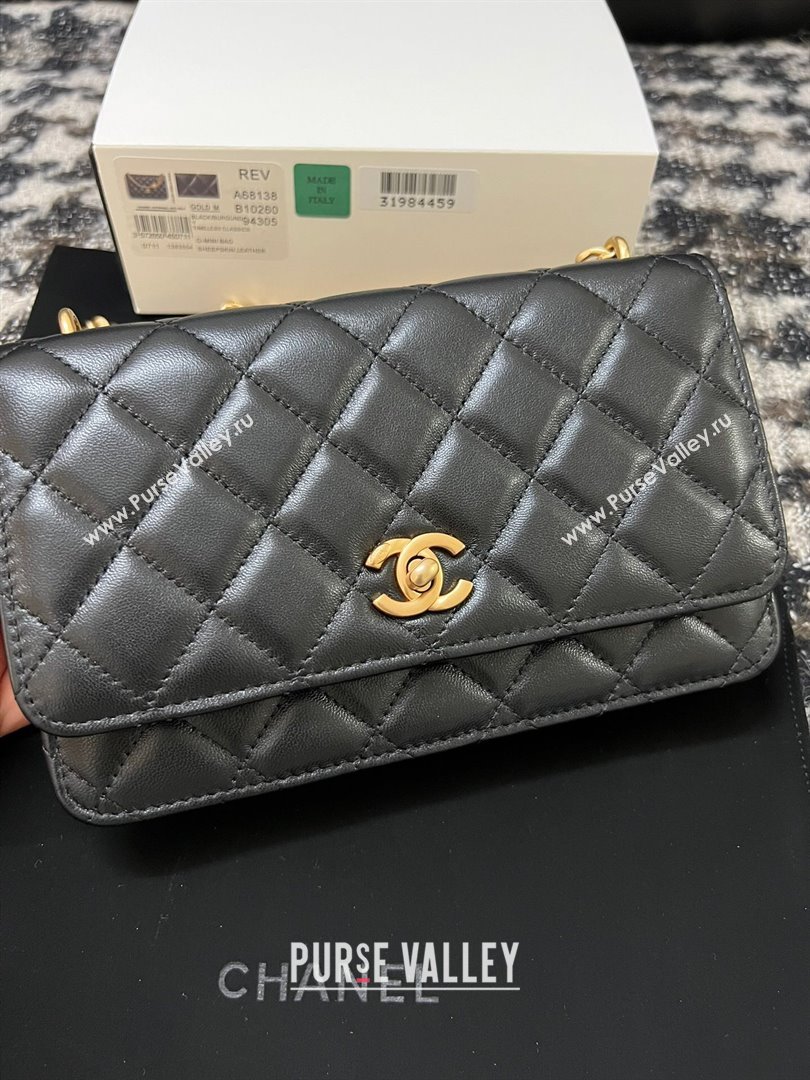 Chanel Quilted Lambskin Wallet on Chain WOC with Camellia Chain Black 2024 (YEZI-24032219)