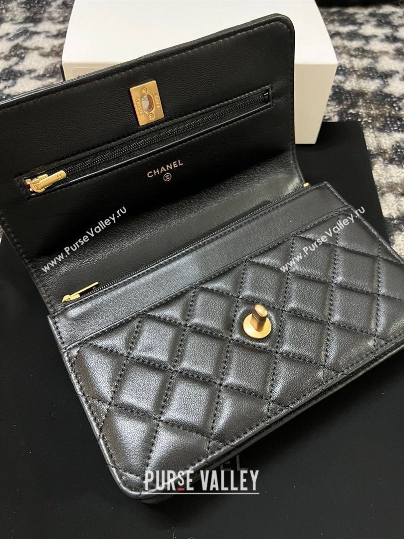 Chanel Quilted Lambskin Wallet on Chain WOC with Camellia Chain Black 2024 (YEZI-24032219)