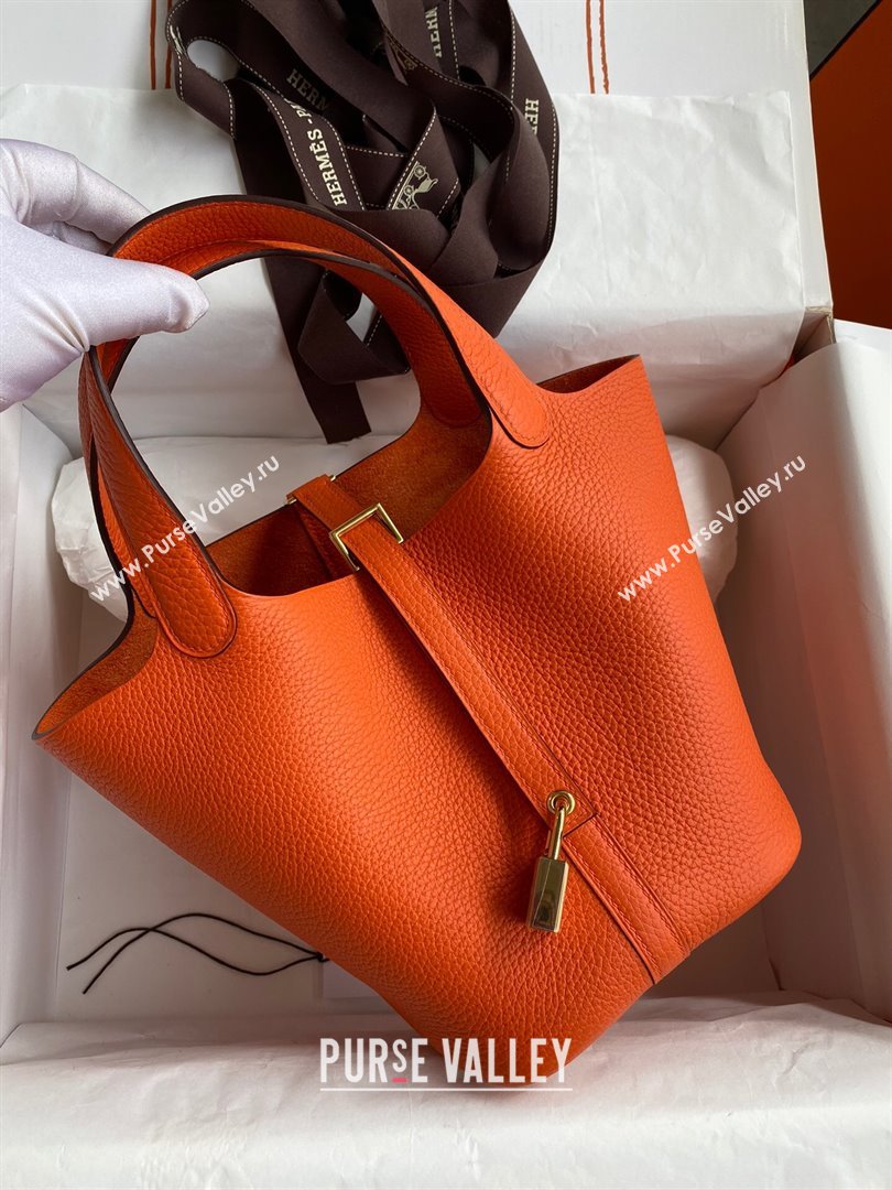 Hermes Picotin Lock Bag 18cm/22cm in Taurillon Clemence Leather Orange/Gold 2023 (Handmade) (M-23110726)