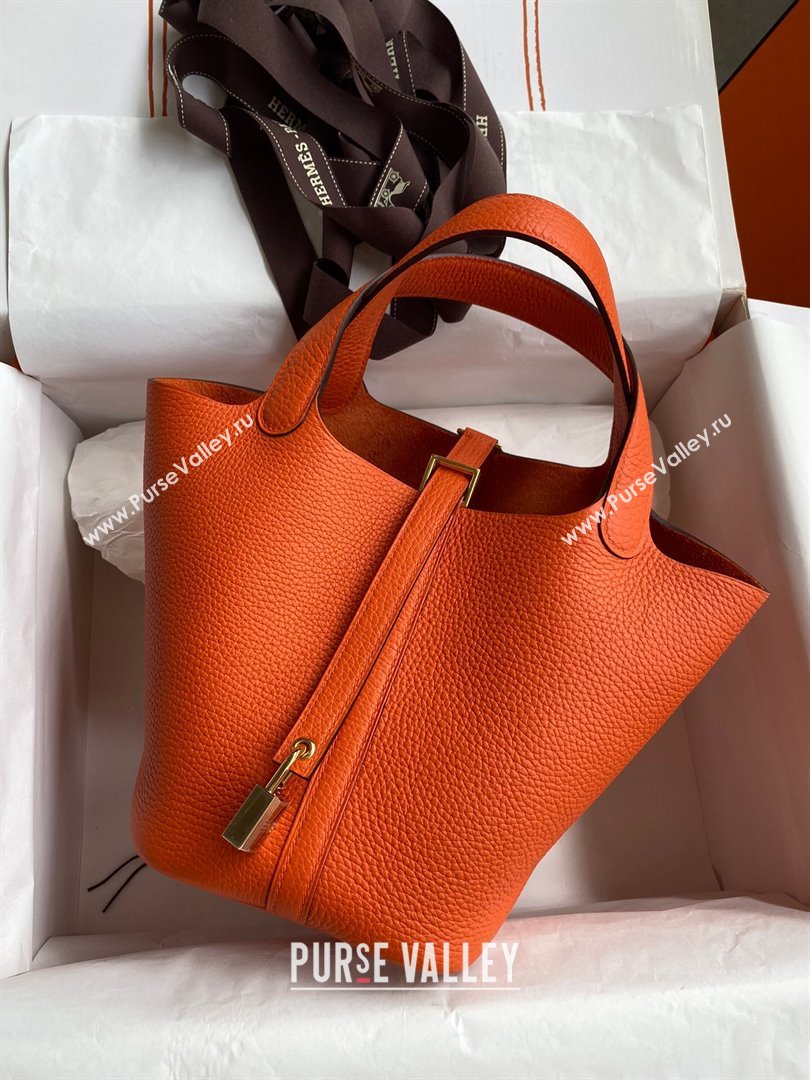 Hermes Picotin Lock Bag 18cm/22cm in Taurillon Clemence Leather Orange/Gold 2023 (Handmade) (M-23110726)