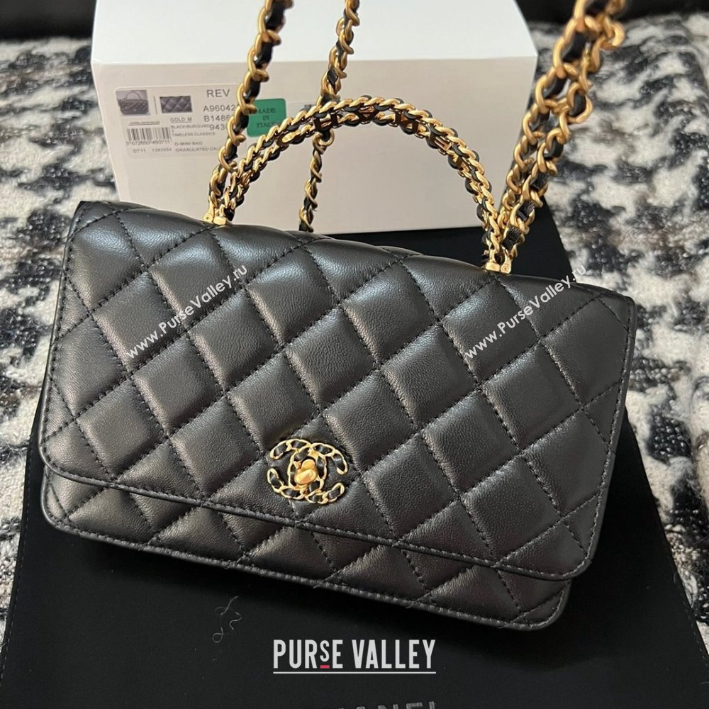 Chanel Quilted Leather Wallet on Chain WOC with Top Handle Black 2024 (YEZI-24032615)