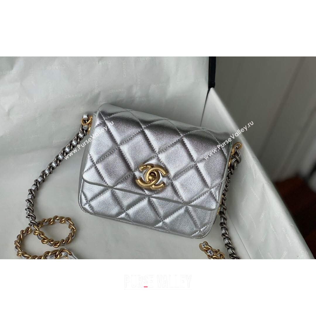 Chanel Lambskin Mini Sqaure Flap Bag with Metal Side Logo AS2734 Silver 2021 (SM-21082757)