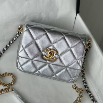 Chanel Lambskin Mini Sqaure Flap Bag with Metal Side Logo AS2734 Silver 2021 (SM-21082757)