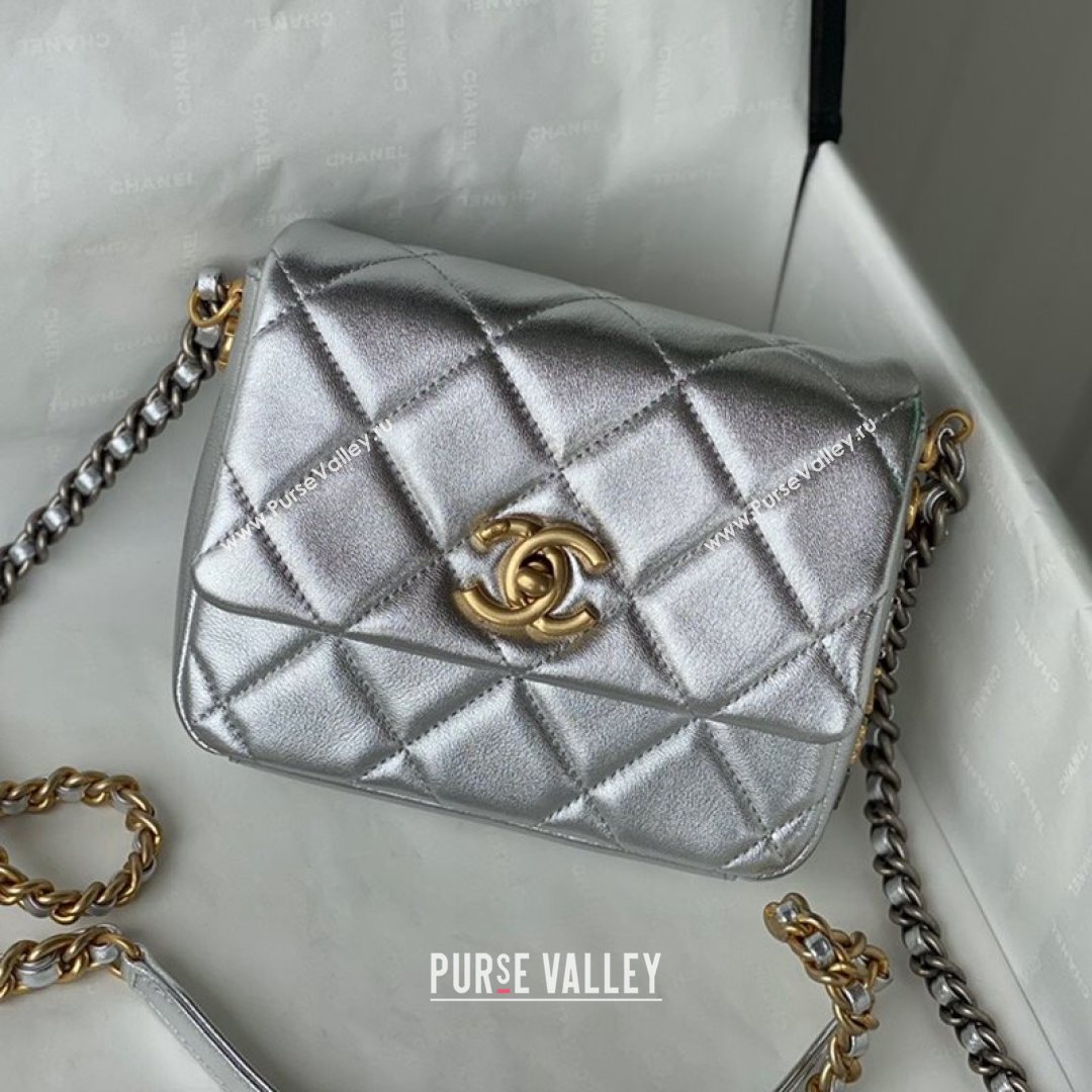 Chanel Lambskin Mini Sqaure Flap Bag with Metal Side Logo AS2734 Silver 2021 (SM-21082757)