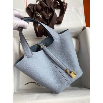 Hermes Picotin Lock Bag 18cm/22cm in Taurillon Clemence Leather Flaxen Blue/Gold 2023 (Handmade) (M-23110731)