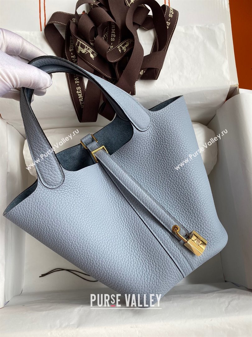 Hermes Picotin Lock Bag 18cm/22cm in Taurillon Clemence Leather Flaxen Blue/Gold 2023 (Handmade) (M-23110731)