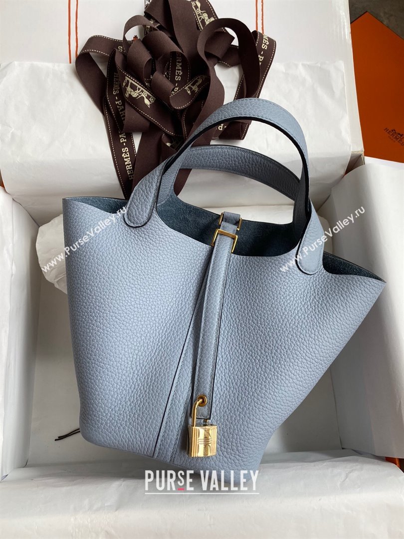 Hermes Picotin Lock Bag 18cm/22cm in Taurillon Clemence Leather Flaxen Blue/Gold 2023 (Handmade) (M-23110731)