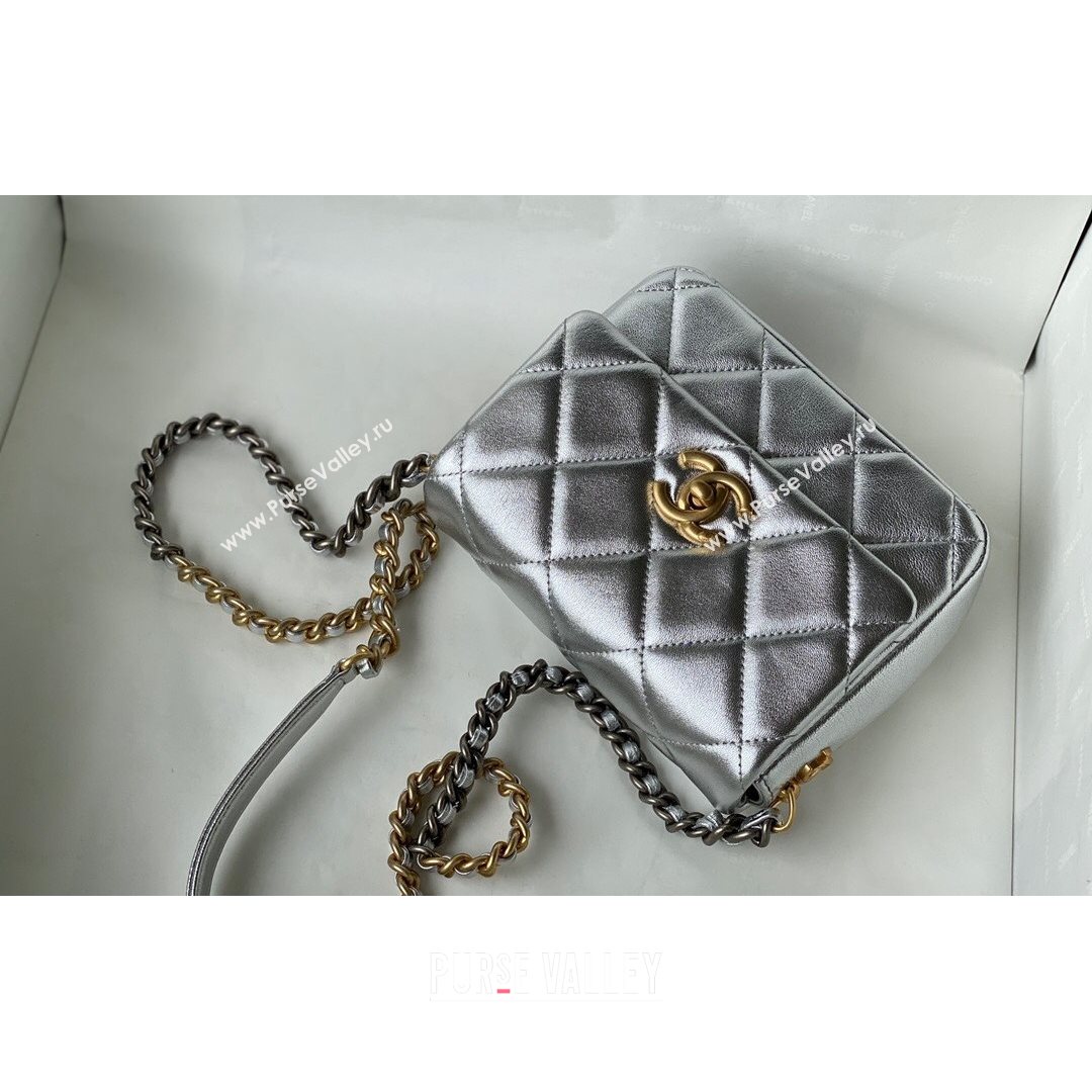 Chanel Lambskin Mini Sqaure Flap Bag with Metal Side Logo AS2734 Silver 2021 (SM-21082757)