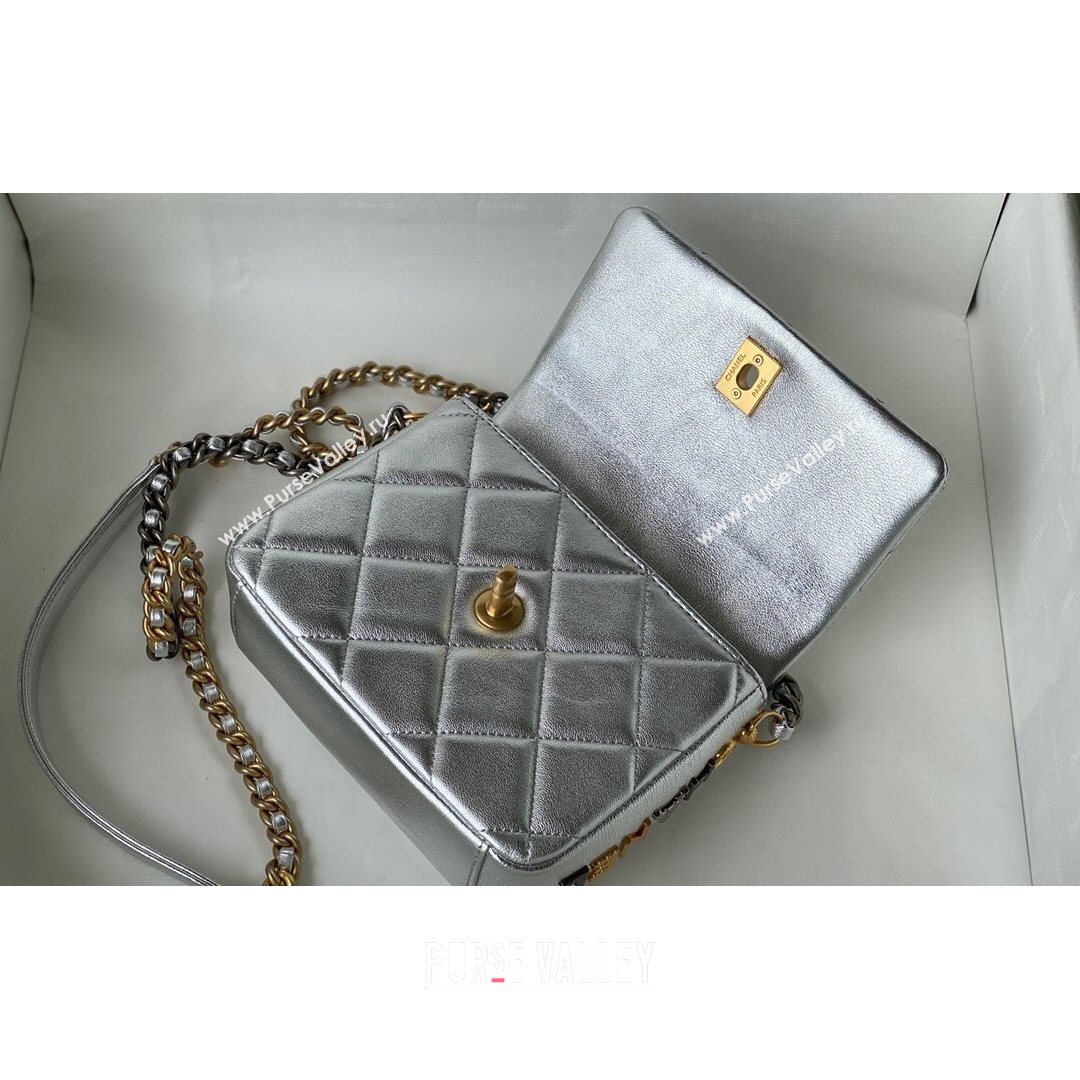 Chanel Lambskin Mini Sqaure Flap Bag with Metal Side Logo AS2734 Silver 2021 (SM-21082757)