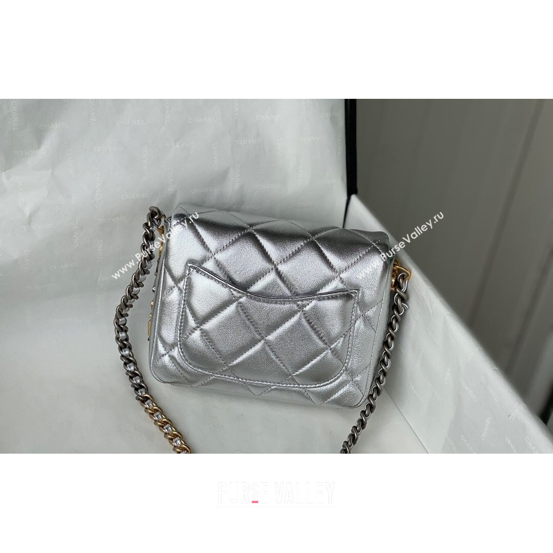 Chanel Lambskin Mini Sqaure Flap Bag with Metal Side Logo AS2734 Silver 2021 (SM-21082757)