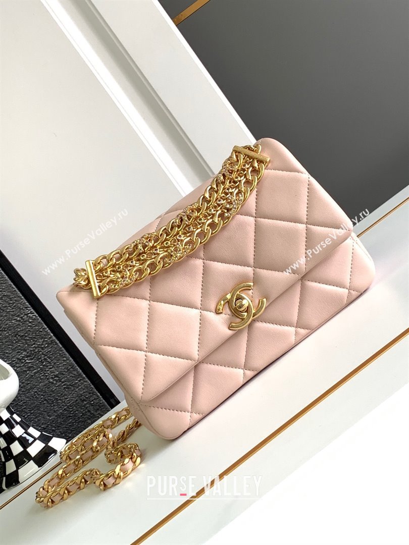 Chanel Lambskin Flap Bag With Crystal Chain Pink 2024 (YEZI-24032614)