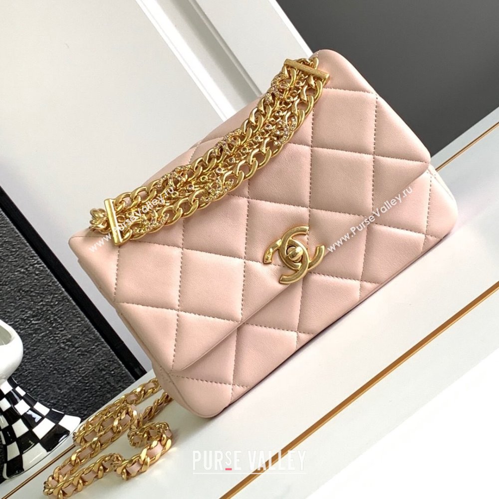 Chanel Lambskin Flap Bag With Crystal Chain Pink 2024 (YEZI-24032614)