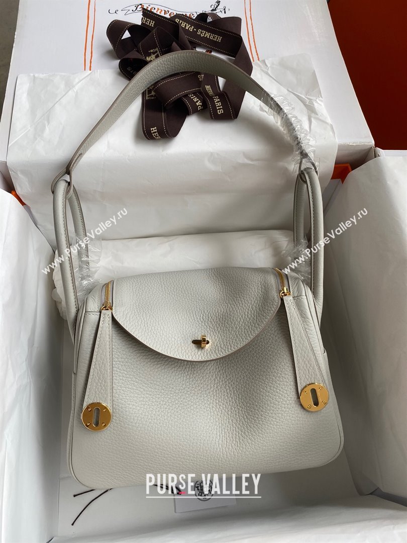 Hermes Lindy 26/30 Bag in Original Taurillon Clemence Leather Pearl Grey/Gold 2024(Full Handmade) (XYA-24051526)