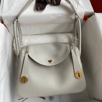 Hermes Lindy 26/30 Bag in Original Taurillon Clemence Leather Pearl Grey/Gold 2024(Full Handmade) (XYA-24051526)