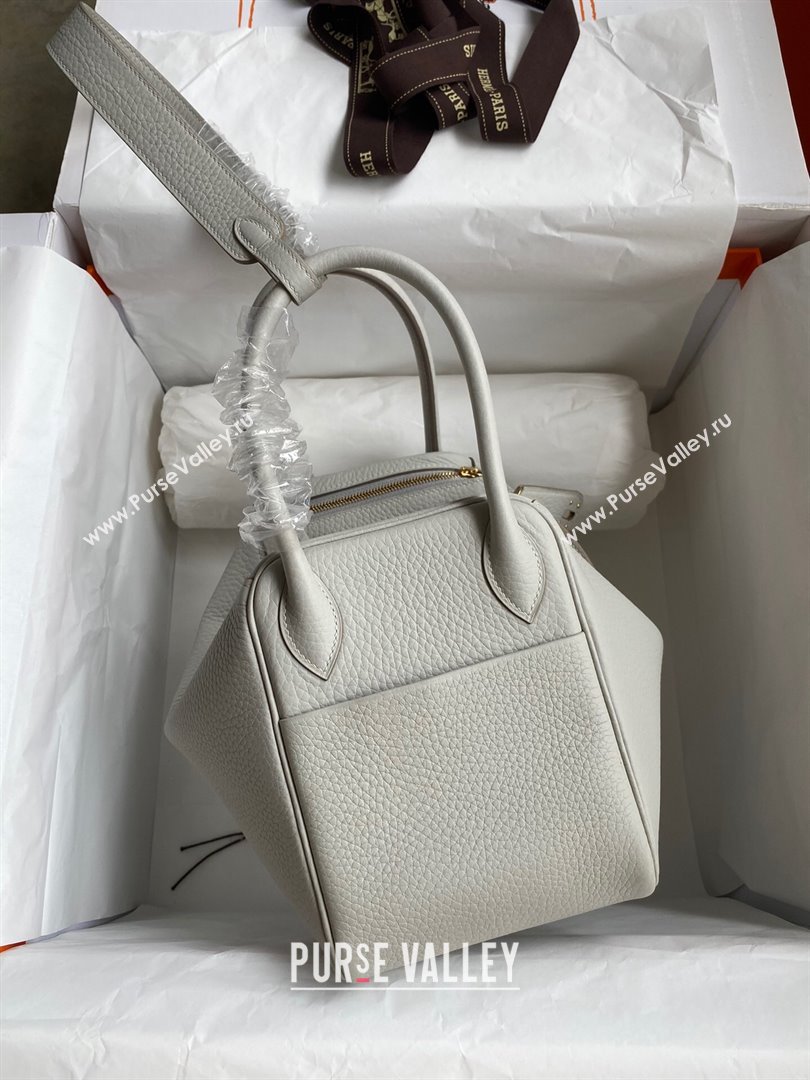 Hermes Lindy 26/30 Bag in Original Taurillon Clemence Leather Pearl Grey/Gold 2024(Full Handmade) (XYA-24051526)